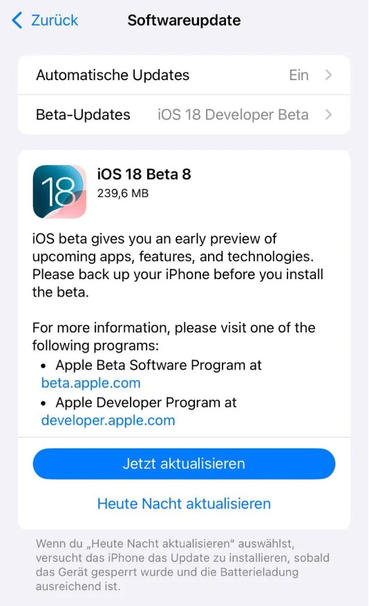 托里苹果手机维修分享苹果 iOS / iPadOS 18 开发者预览版 Beta 8 发布 